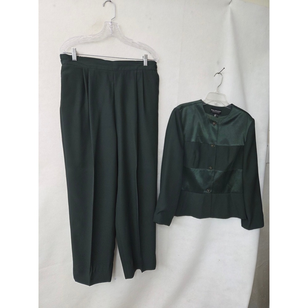 Debra Michaels Pant Suit Women 16 Green Satin Panel‎ Peplum Jacket Pleated Pants
